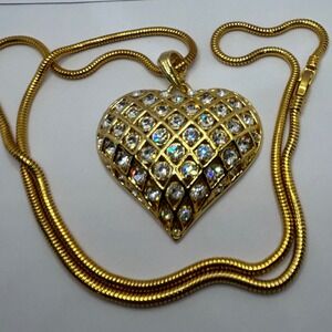 Puffy Heart Chunky Pendant Necklace Gold Tone Pave Rhinestones Statement Sparkly